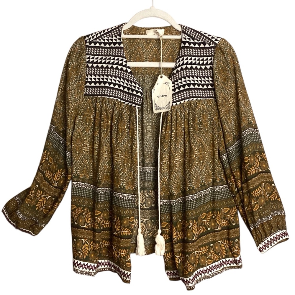 Entro Bohemian Mixed Print Tassel Tie‎ Open Front Top Medium Earthy Brown NWT